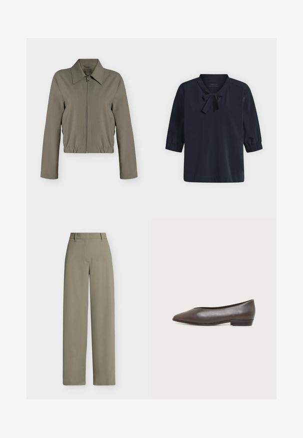 Veste zippée vert olive clair avec manches longues, col large, ourlet élastique et poches latérales, présentée sur un fond blanc uni.; Blouse bleu marine avec des manches bouffantes jusqu'aux coudes et un petit nœud noué au niveau du col, présentée sur un fond clair uni.; Pantalon kaki à jambes larges avec passants pour ceinture, fermeture éclair à l'avant et taille plate, présenté sur fond blanc.; Chaussure plate en cuir marron foncé à talon bas avec bout pointu et finition lisse, vue de profil sur fond blanc.