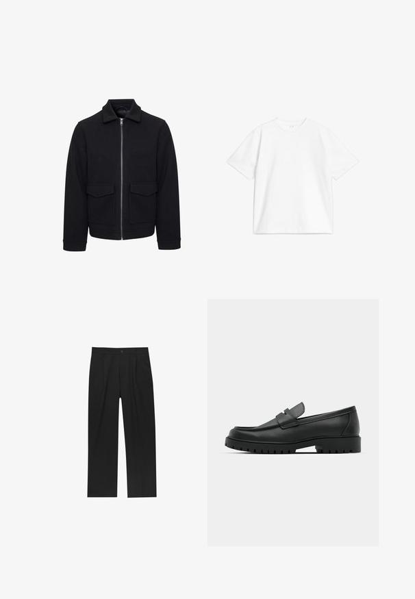 Veste noire zippée en mélange de laine. Comprend un col à revers, deux poches avant et des poignets côtelés. Texture lisse et coupe ajustée.; T-shirt en coton blanc à col rond, à manches courtes et coupe décontractée, avec un design uni sans motifs ni accents.; Pantalons noirs au design droit, fabriqués à partir d'un tissu lisse. Dotés de plis sur le devant et d'une fermeture à un bouton à la taille.; Mocassins en cuir noir à bout arrondi, avec un design cousu, une semelle plateforme basse et une semelle en caoutchouc texturée et crantée.