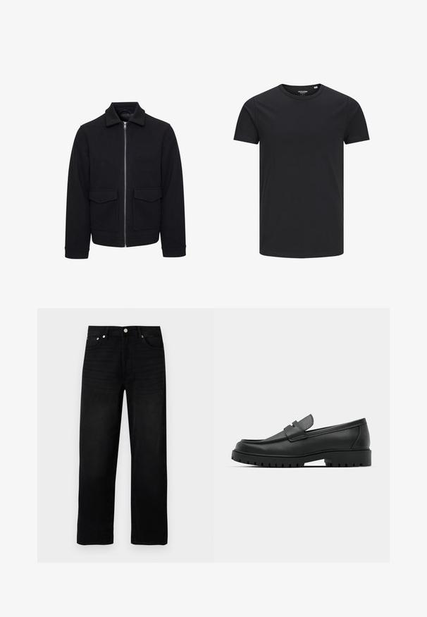 Veste noire zippée en mélange de laine. Comprend un col à revers, deux poches avant et des poignets côtelés. Texture lisse et coupe ajustée.; T-shirt en coton noir avec un col rond, des manches courtes et un design simple. Texture lisse, sans motifs ni éléments visibles.; Jean noir droit avec cinq poches, fermeture à bouton métallique et passants de ceinture, présenté sur fond blanc.; Mocassins en cuir noir à bout arrondi, avec un design cousu, une semelle plateforme basse et une semelle en caoutchouc texturée et crantée.