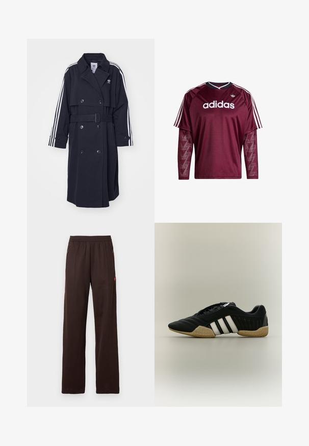Schwarzer Trenchcoat mit doppelreihigem Verschluss, tailliertem Gürtel und weißem Dreistreifen-Design an den Ärmeln. Verfügt über einen glatten Stoff und einen eingekerbten Kragen.; Maroonfarbenes Adidas-Langarmshirt mit Netzärmeln, weißem Logo und Streifen auf den Schultern, schwarzem und weißem Kragen, Vorderansicht.; Dunkelbraune Hose mit weitem Bein, elastischem Bund und seitlichen Reißverschlusstaschen, mit dezentem roten Logodetail am oberen Oberschenkel.; Schwarzer Sportschuh mit weißen Streifen und beiger, strukturierter Sohle auf neutralem Hintergrund, seitlich dargestellt.