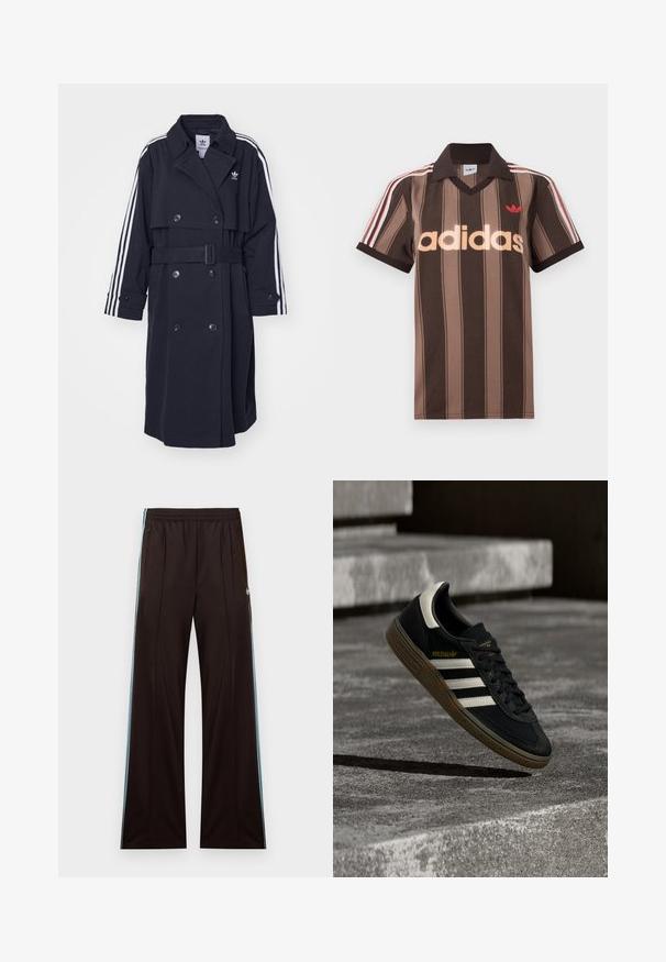 Schwarzer Trenchcoat mit doppelreihigem Verschluss, tailliertem Gürtel und weißem Dreistreifen-Design an den Ärmeln. Verfügt über einen glatten Stoff und einen eingekerbten Kragen.; Braunes gestreiftes Adidas-Poloshirt mit V-Ausschnitt, bordeauxrotem Kragen und rotem Logo. Mit weißen und roten Schulterstreifen, kurzen Ärmeln.; Schwarze, weit geschnittene Trainingshose mit hellblauen Seitenstreifen, elastischem Bund, Reißverschlusstaschen und Adidas-Logo an der linken Hüfte.; Schwarzer Adidas-Sneaker mit weißen Streifen und Gummisohle schwebt über grauen Betonstufen im natürlichen Licht.