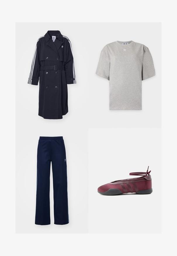 Schwarzer Trenchcoat mit doppelreihigem Verschluss, tailliertem Gürtel und weißem Dreistreifen-Design an den Ärmeln. Verfügt über einen glatten Stoff und einen eingekerbten Kragen.; Hellgraues Adidas T-Shirt mit kurzen Ärmeln, Rundhalsausschnitt und kleinem weißen Adidas-Logo auf der Brust, auf schlichtem Hintergrund dargestellt.; Helleblaue Baumwollmischung Trainingshosen mit weit geschnittenem Design, elastischem Bund und Reißverschlusstaschen, mit weißen Seitenstreifen und Logodetails.; Bordeauxrote Ballerina mit schwarzer Sohle, elastischen Knöchelriemen, die zu einer Schleife gebunden sind, und gesteppten Details an den Seiten, von der Außenseite gezeigt.