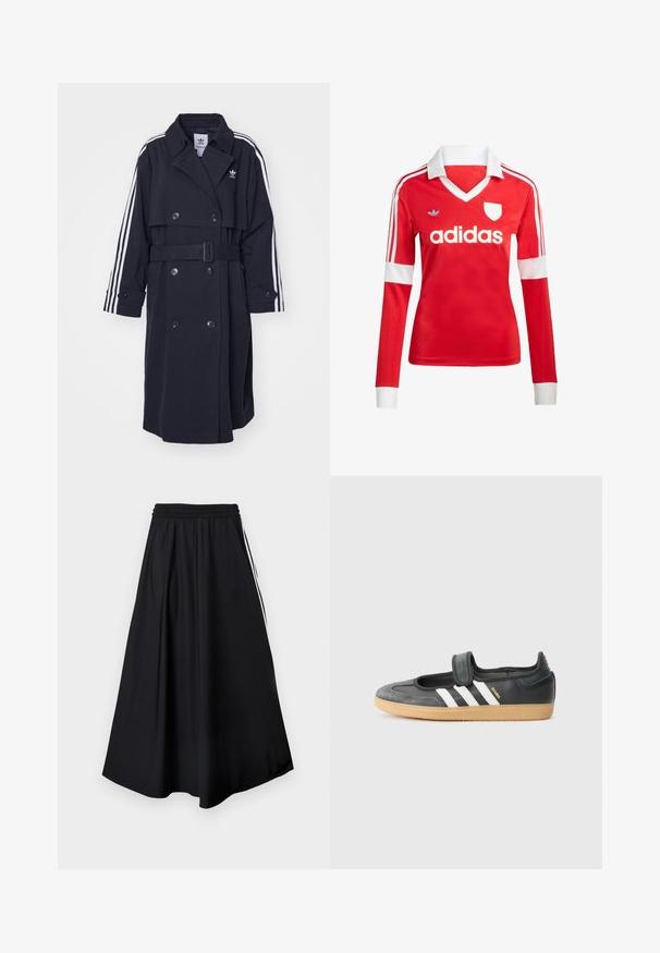 Schwarzer Trenchcoat mit doppelreihigem Verschluss, tailliertem Gürtel und weißem Dreistreifen-Design an den Ärmeln. Verfügt über einen glatten Stoff und einen eingekerbten Kragen.; Rotes Fußballtrikot mit langen Ärmeln, weißem Kragen und weißen Ärmelbündchen. Es hat drei weiße Streifen auf den Schultern und das "adidas"-Logo ist auffällig platziert.; Schwarze weit geschnittene Hose mit elastischem Bund und weißen Seitenstreifen, vor einem schlichten weißen Hintergrund präsentiert.; Schwarze Leder- und Wildledersneaker mit einem Klettverschluss, ausgestattet mit drei weißen Streifen und einer Gummisohle, beschriftet mit "SAMBA" an der Seite.