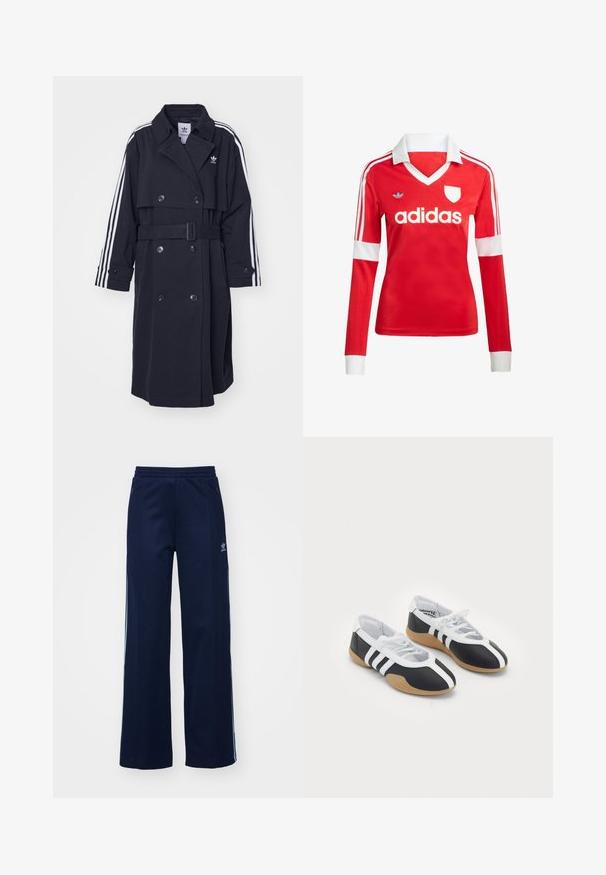 Schwarzer Trenchcoat mit doppelreihigem Verschluss, tailliertem Gürtel und weißem Dreistreifen-Design an den Ärmeln. Verfügt über einen glatten Stoff und einen eingekerbten Kragen.; Rotes Fußballtrikot mit langen Ärmeln, weißem Kragen und weißen Ärmelbündchen. Es hat drei weiße Streifen auf den Schultern und das "adidas"-Logo ist auffällig platziert.; Helleblaue Baumwollmischung Trainingshosen mit weit geschnittenem Design, elastischem Bund und Reißverschlusstaschen, mit weißen Seitenstreifen und Logodetails.; Schwarz-weiße Sportschuhe mit einem eleganten Design, Gummisohle, Schnürverschluss und drei weißen Streifen an den Seiten.