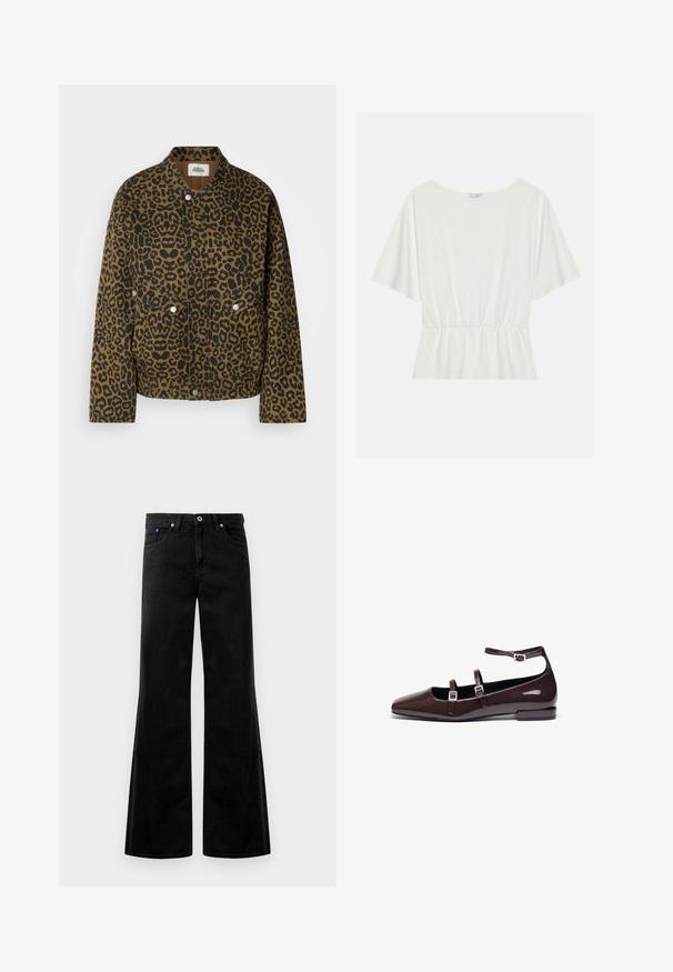 Chaqueta de estampado de leopardo en marrón y negro, con cuello, botones de presión y bolsillos frontales, hecha de una tela texturizada.; Top blanco de manga corta y escote amplio con cintura fruncida. Elaborado en un tejido suave, presenta un corte holgado y un diseño minimalista.; Vaqueros de mezclilla negra acampanados con cintura alta, diseño de cinco bolsillos y detalles de costura visibles. Textura suave con un ligero brillo.; Bailarinas de charol marrón con punta afilada, que presentan dos correas ajustables y hebillas de plata, además de un tacón cuadrado bajo.