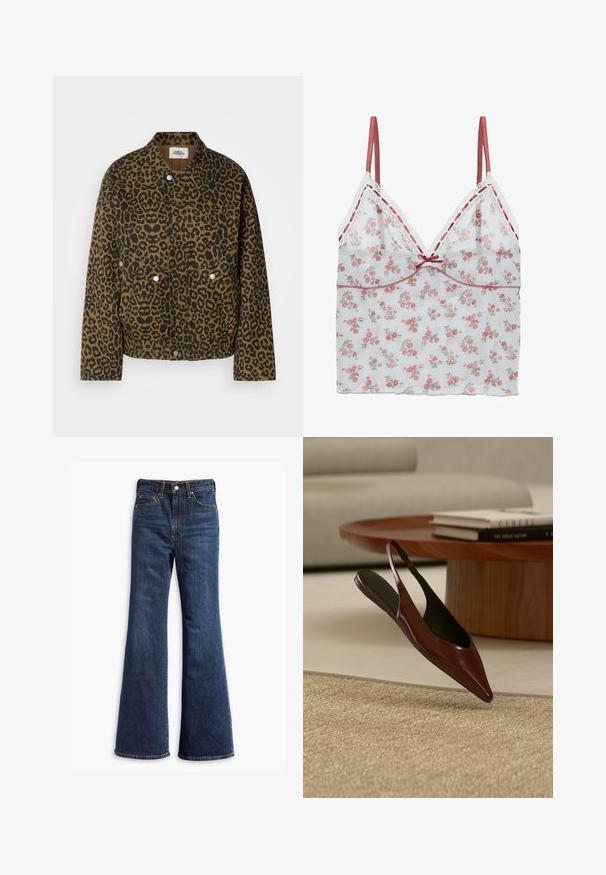 Chaqueta de estampado de leopardo en marrón y negro, con cuello, botones de presión y bolsillos frontales, hecha de una tela texturizada.; Camiseta floral con tejido blanco translúcido y estampado de flores en tonos rosas y beige, con un delicado borde de encaje y tirantes de satén ajustables.; Jeans de mezclilla de tiro alto en azul oscuro, con piernas acampanadas, cierre delantero de botón y cremallera, y diseño de cinco bolsillos.; Zapato plano marrón oscuro con punta y talón descubierto, flotando sobre una alfombra beige tejida, con una mesa redonda de madera y libros de fondo.