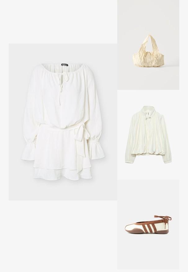 Veste légère blanche avec col montant, fermeture éclair à l'avant, détails à cordon au niveau du cou, poignets élastiques et ourlet froncé.; Robe blanche à manches longues avec poignets à volants, encolure à nouer, jupe superposée et ceinture en tissu nouée à la taille.; Ballerine fine beige et marron avec bout arrondi, trois bandes latérales, semelle souple et fermeture nouée à la cheville sur fond blanc uni.; Sac à main en tissu texturé couleur crème avec des anses sur le dessus et un petit nœud noué au centre devant.