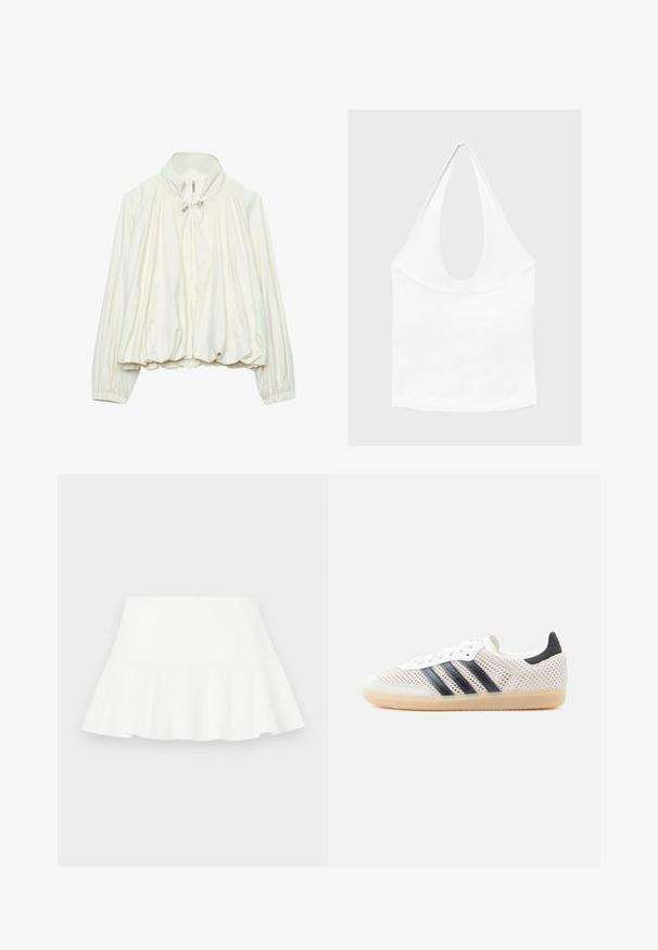 Veste légère blanche avec col montant, fermeture éclair à l'avant, détails à cordon au niveau du cou, poignets élastiques et ourlet froncé.; Haut blanc sans manches à encolure américaine, avec un profond col rond et une taille cintrée, présenté sur un fond clair et uni.; Jupe évasée blanche avec un ourlet volé, texture lisse et taille élastique. Le matériau semble léger et respirant.; Baskets en maille blanche avec un design à trois bandes noires, bout arrondi et semelle en caoutchouc gomme. Dotées d'un col de talon souple et d'une fermeture à lacets.