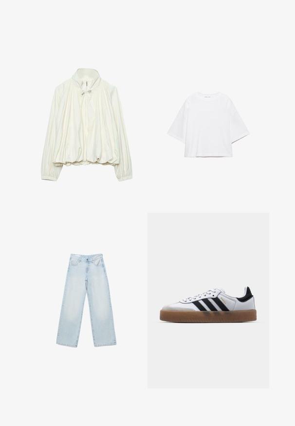 Veste légère blanche avec col montant, fermeture éclair à l'avant, détails à cordon au niveau du cou, poignets élastiques et ourlet froncé.; T-shirt blanc à manches courtes, coupe carrée, en coton doux. Présente un col rond et des manches larges, avec un design épuré et simple.; Jean en denim bleu clair à jambes larges avec bouton frontal, fermeture éclair, et poches avant inclinées, posé à plat sur un fond blanc.; Baskets en cuir blanc avec des rayures noires, semelle extérieure en caoutchouc beige, bout rond, fermeture lacée et embout en suède gris doux.