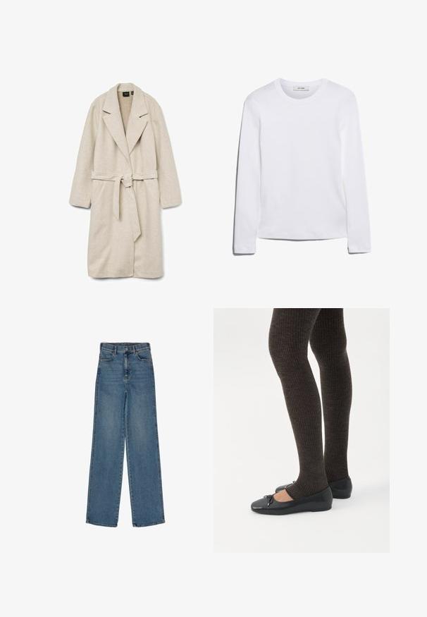 Manteau enveloppant beige en tissu doux, avec un col, des manches longues, une ceinture à la taille et deux poches plaquées à l'avant.; T-shirt blanc à manches longues en coton côtelé, avec un col rond et un ourlet droit. Design simple sans motifs ni accents.; Jean taille haute, jambe droite en denim bleu. Doté de poches avant, fermeture à un seul bouton et ourlet net. Pas de décorations visibles.; Jambes portant des leggings côtelés foncés associés à des ballerines noires avec de petits détails en nœud sur fond blanc.