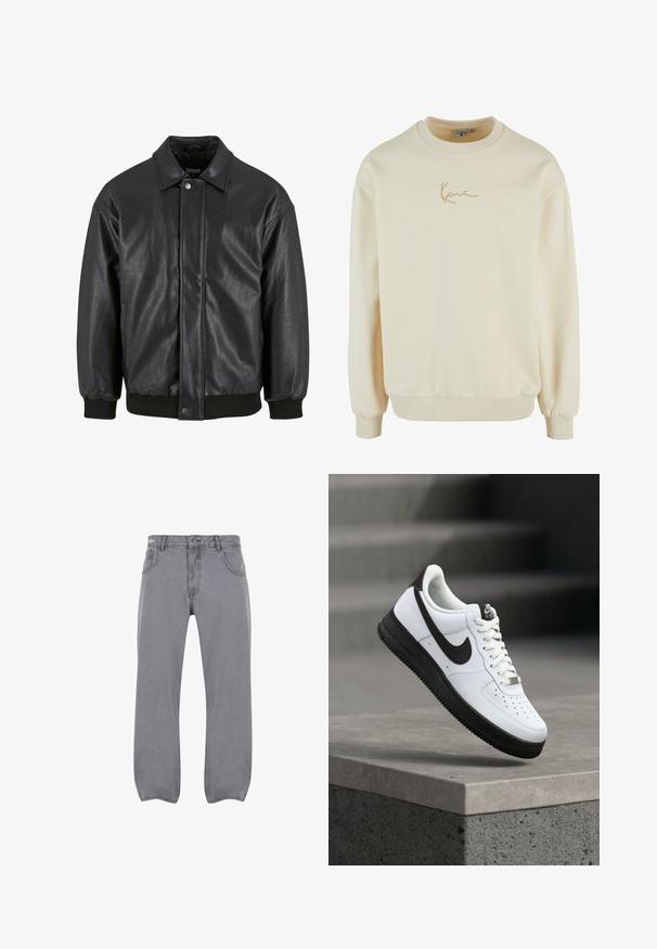 Sort læderjakke med krave, trykknaplukning foran og ribbede manchetter. Glat struktur med et let løst fit design.; Cremefarvet sweatshirt lavet af blødt stoff. Har en ribbet halsudskæring og manchetter, samt et subtilt broderet logo i guld.; Grå denimbukser med en lige ben-design, forlommer, lynlås- og knaplukning samt en blød, tekstureret overflade.; Hvid lædersneaker med sorte detaljer, rundet tå og perforerede detaljer. Sort gummisål med tekstureret mønster og snørelukning.