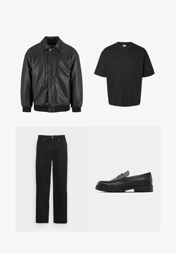 Schwarz Lederjacke mit Kragen, vorderer Druckknopfverschluss und gerippten Bündchen. Glatte Textur mit einem leicht lockeren Schnitt.; Schwarzes T-Shirt mit kurzen Ärmeln und Rundhalsausschnitt, locker geschnitten und mit sichtbarem weißem Etikett im Kragen.; Schwarze Jeans aus Denim mit geradem Bein, Fünf-Taschen-Design und Metallknopfverschluss mit dezent strukturierter Oberfläche. Keine sichtbaren Muster oder Akzente.; Schwarze Lederloafer mit runder Zehenform, ausgestattet mit einem gesteppten Design, niedrigem Plattformsohle und einer strukturierten, genoppten Gummisohle.