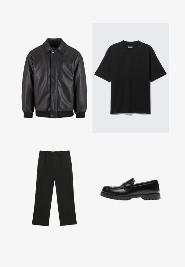 Sort læderjakke med krave, trykknaplukning foran og ribbede manchetter. Glat struktur med et let løst fit design.; Sort kortærmet afslappet bomulds-T-shirt med rund hals, vist mod en ensfarvet lys baggrund.; Sorte bukser med lige ben, bæltestropper, forreste knap og lynlås, lagt fladt på en hvid baggrund.; Sort læderloafer med en kraftig gummisål og klassiske penny-strap detaljer, vist fra ydersiden.