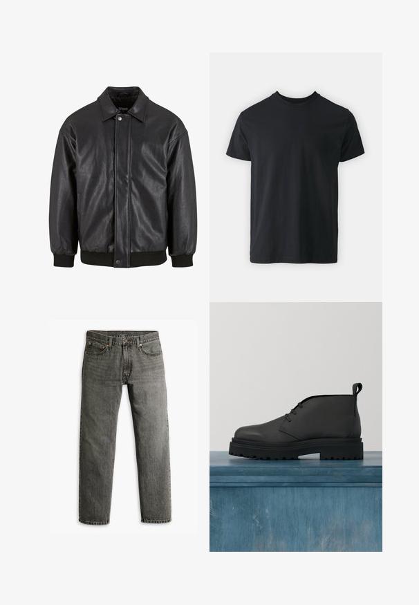 Sort læderjakke med krave, trykknaplukning foran og ribbede manchetter. Glat struktur med et let løst fit design.; Sort bomulds t-shirt med kortærmer, rund halsudskæring og en afslappet pasform. Glat tekstur og lige kant, ingen synlige grafikker eller mønstre.; Grå denim jeans med lige ben-design, klassisk fem-lomme stil og diskret sømdetaljer på sømme og lommer.; Sort læder ankelstøvle med tekstureret overdel, snørelukning og kraftig gummisål med dybe riller for bedre greb.