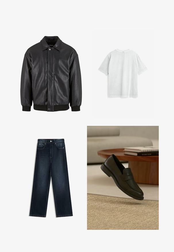 Schwarz Lederjacke mit Kragen, vorderer Druckknopfverschluss und gerippten Bündchen. Glatte Textur mit einem leicht lockeren Schnitt.; Hellgraues Baumwoll-T-Shirt mit kurzen Ärmeln, Rundhalsausschnitt und lockerem Schnitt. Verfügt über eine glatte Textur und saubere Nähte entlang der Kanten.; Dunkelblaue Jeans mit weitem Bein und glatter Textur, ausgestattet mit einer vorderen Knopfleiste, fünf Taschen und kontrastierenden Steppnähten.; Schwarzer Lederloafer-Schuh schwebt über einem beige gewebten Teppich, mit einem Holztisch und gestapelten Büchern in einem sanft beleuchteten Wohnzimmer.