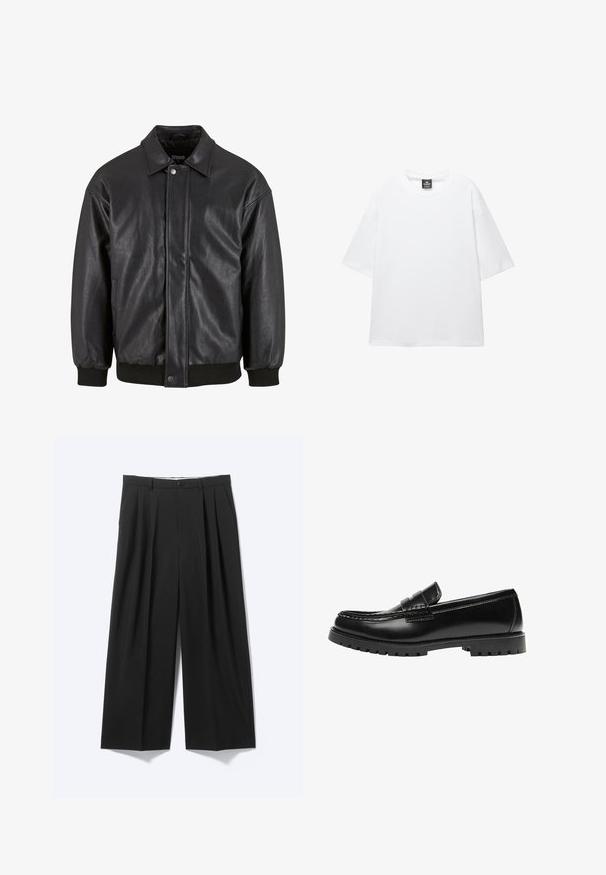 Sort læderjakke med krave, trykknaplukning foran og ribbede manchetter. Glat struktur med et let løst fit design.; Hvid oversized t-shirt med korte ærmer, rund halsudskæring og blødt bomuldsstof. Har et sort mærke ved halsen. Ingen mønstre eller accenter.; Sorte bukser med vide ben, forplisser, bæltestropper og knaplukning vist på en ensartet lys baggrund.; Sort læderloafer med en kraftig gummisål og klassiske penny-strap detaljer, vist fra ydersiden.