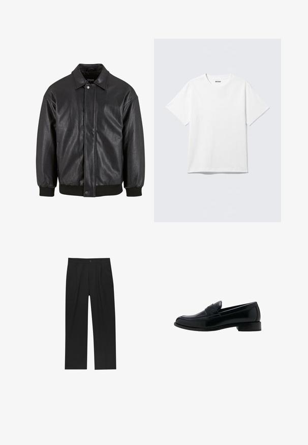 Schwarz Lederjacke mit Kragen, vorderer Druckknopfverschluss und gerippten Bündchen. Glatte Textur mit einem leicht lockeren Schnitt.; Weißes T-Shirt mit kurzen Ärmeln und Rundhalsausschnitt, flach liegend, schlichtes Design, mit „WEEKDAY“-Etikett innen im Kragen auf hellem Hintergrund.; Schwarze Hose mit geradem Schnitt, aus einem glatten Stoff gefertigt. Verfügt über Vorderfalten und einen einzelnen Knopfverschluss an der Taille.; Schwarzer Lederloafer mit niedrigem Absatz, rundem Zehenbereich und einem klassischen Penny-Riemen auf dem Spann.