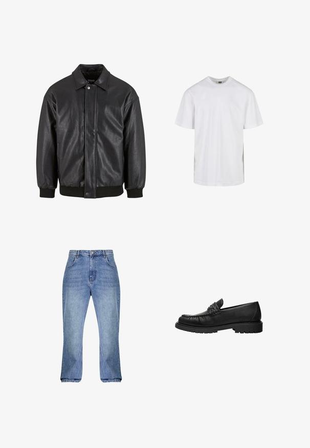 Sort læderjakke med krave, trykknaplukning foran og ribbede manchetter. Glat struktur med et let løst fit design.; Plain hvid T-shirt med korte ærmer og rund hals med løs pasform, vist mod en hvid baggrund.; Lys blå denim jeans med høj talje, lige snit og let flaxede ben. Har klassisk fem-lommestil og bæltestropper.; Sort læderloafer med syninger på toppen, nitter på remmen og tyk gummisål, vist i profil på hvid baggrund.