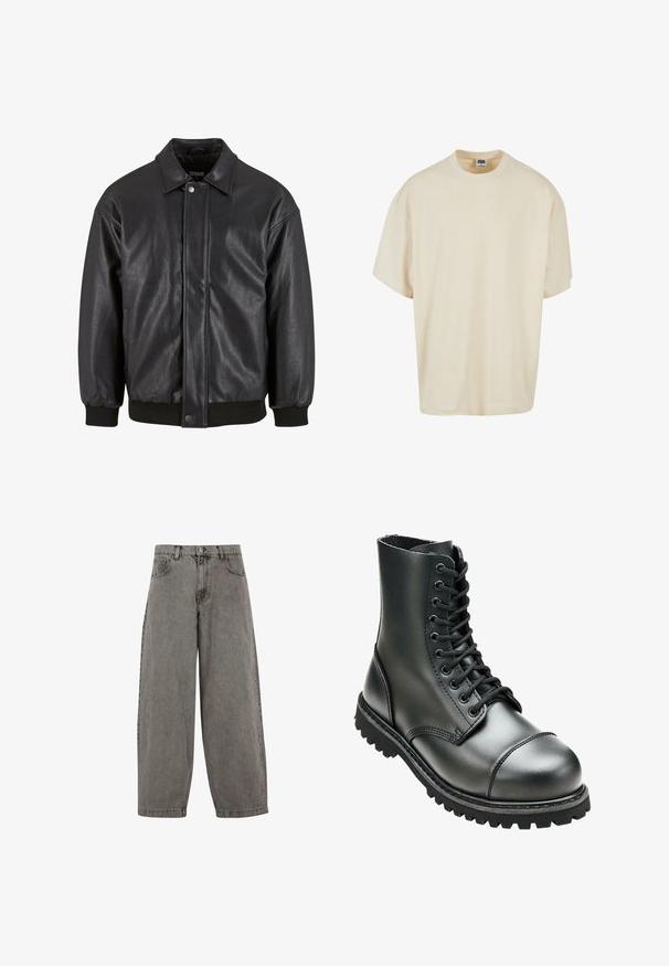 Schwarz Lederjacke mit Kragen, vorderer Druckknopfverschluss und gerippten Bündchen. Glatte Textur mit einem leicht lockeren Schnitt.; Cremefarbenes Kurzarm-T-Shirt mit lockerer Passform und rundem Halsausschnitt; aus weichem Baumwollstoff gefertigt und mit dezenten Nähdetails versehen.; Graue Jeanshose mit hoher Taille, weitem Bein, klassischem Fünf-Taschen-Design und Knopfverschluss vorne. Leicht strukturierte Oberfläche.; Schwarze Lederkampfstiefel mit hohem Knöchel, runder Zehenpartie, Schnürung vorne und robustem Gummisohle mit tiefem Profil für besseren Grip.