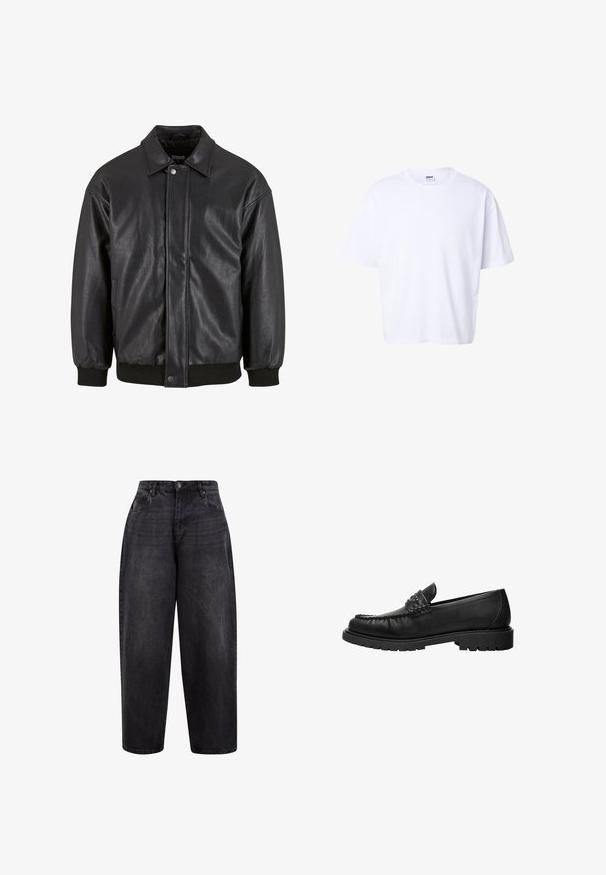 Zwarte leren jas met een kraag, sluiting met drukknopen aan de voorkant en ribgebreide manchetten. Glad textuur met een iets losser ontwerp.; Effen witte katoenen T-shirt met korte mouwen, ronde hals, losse pasvorm en Urban Classic merklabel aan de binnenkant van de kraag.; Zwarte denim wijde steekjeans met een hoge taille, voorzien van een knoopsluiting, voorkzakken en een licht gewassen textuur voor een casual uitstraling.; Zwarte leren loafer met gestikte bovenkant, met studs versierd bandje en dikke grof profielzool, zijaanzicht op witte achtergrond.