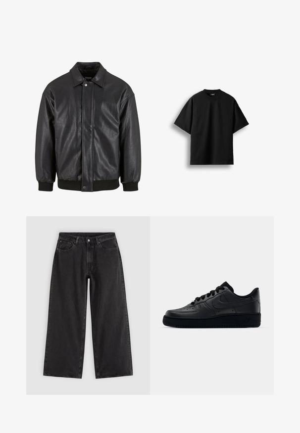 Schwarz Lederjacke mit Kragen, vorderer Druckknopfverschluss und gerippten Bündchen. Glatte Textur mit einem leicht lockeren Schnitt.; Schwarzes T-Shirt mit kurzen Ärmeln und Rundhalsausschnitt, flach auf weißem Hintergrund mit sichtbarem kleinem Nackenlabel dargestellt.; Schwarze Jeans mit weitem Bein, Vordertaschen, Gürtelschlaufen und Knopfverschluss, auf schlichtem hellem Hintergrund dargestellt.; Schwarzer Nike Air Force 1 Schuh mit einem glatten Lederoberteil, perforierter Zehenpartie für Atmungsaktivität, schwarzen Schnürsenkeln und einer strukturierten Gummisohle.