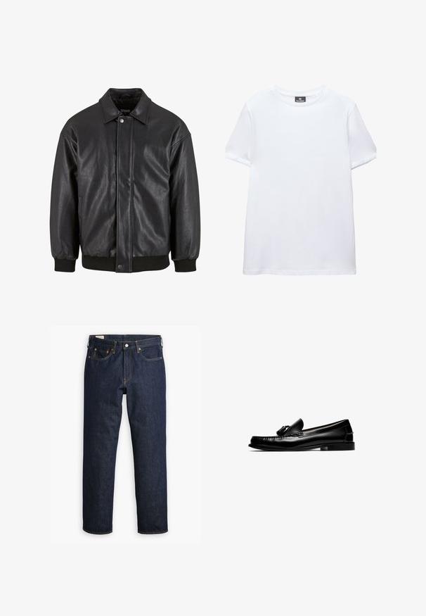 Schwarz Lederjacke mit Kragen, vorderer Druckknopfverschluss und gerippten Bündchen. Glatte Textur mit einem leicht lockeren Schnitt.; Einfaches weißes T-Shirt mit kurzen Ärmeln und Rundhalsausschnitt mit einem schwarzen Pull&Bear-Etikett innen am Kragen, abgebildet auf weißem Hintergrund.; Dunkelblaue Denim-Jeans mit geradem Schnitt, ausgestattet mit einem Fünf-Taschen-Stil, sichtbaren Nähten und einem klassischen Knopfverschluss.; Schwarzer Lederloafer mit Quasten, niedrigem Absatz und genähten Details, seitlich vor weißem Hintergrund gezeigt.