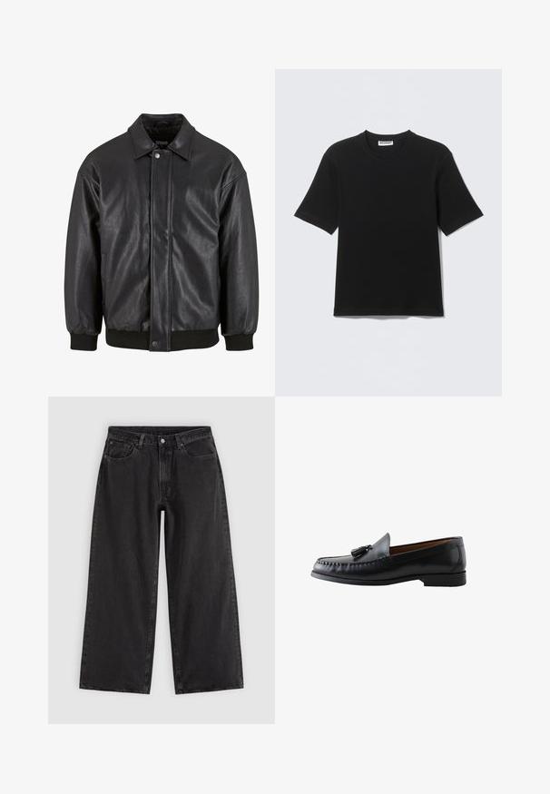 Sort læderjakke med krave, trykknaplukning foran og ribbede manchetter. Glat struktur med et let løst fit design.; Sort kortærmet T-shirt med rund hals og "WEEKDAY" mærke på indersiden af kraven, vist fladt på en lys baggrund.; Sorte denim jeans med vide ben, forlommer, bæltestropper og knaplukning, vist på en ensfarvet lys baggrund.; Sort læder tasselloafer med syet tå og lav hæl, vist i sideprofil på hvid baggrund.