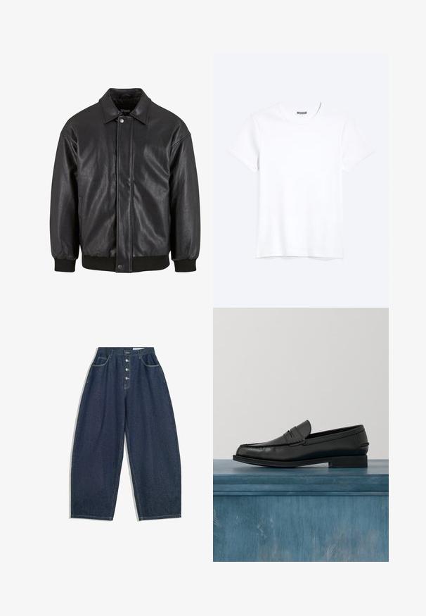 Sort læderjakke med krave, trykknaplukning foran og ribbede manchetter. Glat struktur med et let løst fit design.; Enkelt hvid T-shirt med korte ærmer og rund hals med synligt WEEKDAY-mærke i kraven, vist på en lys baggrund.; Mørkeblå denim bukser med brede ben og høj talje, fem knaplukninger og fem lommer. Har stikninger som accent på sømmene.; Sorte læderloafers med et slankt design, der har syning ved tåen og en glat finish. Skoen har en lav hæl og minimal udsmykning.