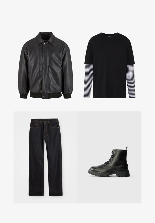 Schwarz Lederjacke mit Kragen, vorderer Druckknopfverschluss und gerippten Bündchen. Glatte Textur mit einem leicht lockeren Schnitt.; Schwarzes T-Shirt mit kurzen Ärmeln, einfarbiger Vorderseite und langen gestreiften Ärmeln in Schwarz und Weiß. Einfaches Rundhalsdesign, lässige Passform.; Herren gerade geschnittene schwarze Jeans aus Denim mit fünf Taschen und orangefarbenen Nähten, Knopf- und Reißverschluss vorne am Bund.; Schwarze Lederstiefeletten mit runder Zehenpartie, sechs Ösen für die Schnürsenkel und einer dicken, strukturierten Sohle mit tiefen Rillen.