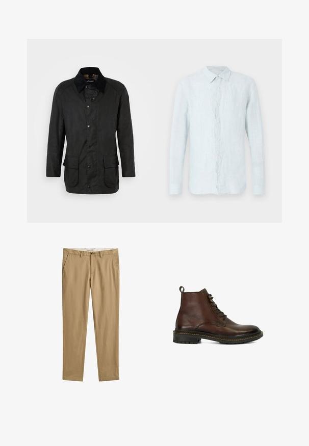 Black waxed cotton jacket with a corduroy collar, snap closures, and two front pockets. Features a classic cut and textural finish.; Long-sleeve, pale blue button-up shirt with collar, made of lightweight fabric, displayed flat against a plain background.; Beige straight-leg casual pants with belt loops, front button and zip closure, and side pockets, front view.; Brown leather ankle boot with six eyelets, round toe, textured fabric loop, and contrasting stitching on a black rubber sole.