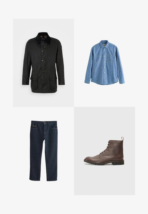 Schwarze gewachste Baumwolljacke mit Cordkragen, Druckknopfverschlüssen und zwei frontalen Taschen. Verfügt über einen klassischen Schnitt und eine strukturierte Oberfläche.; Langärmliges blaues Chambray-Hemd mit Knopfleiste und zwei Brusttaschen, flach auf weißem Hintergrund liegend.; Dunkelblaue Jeans aus Denim mit geradem Bein, ausgestattet mit Vordertaschen und dezenten Steppnähten. Glatte Textur, klassischer Stil.; Hackett London SLOANE APRON - Schnürstiefelette - dark mocca brown