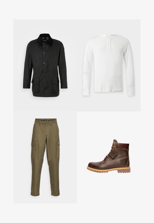 Black waxed cotton jacket with a corduroy collar, snap closures, and two front pockets. Features a classic cut and textural finish.; White long-sleeve thermal shirt with a round neck and three-button placket, displayed flat on a light background.; Olive green cargo pants featuring a straight fit, front pockets, and side pockets. Made from a durable fabric with a smooth texture.; Brown leather ankle boot with a round toe, sturdy sole, gold-tone hardware, and a textured upper. Includes a logo tag attached.