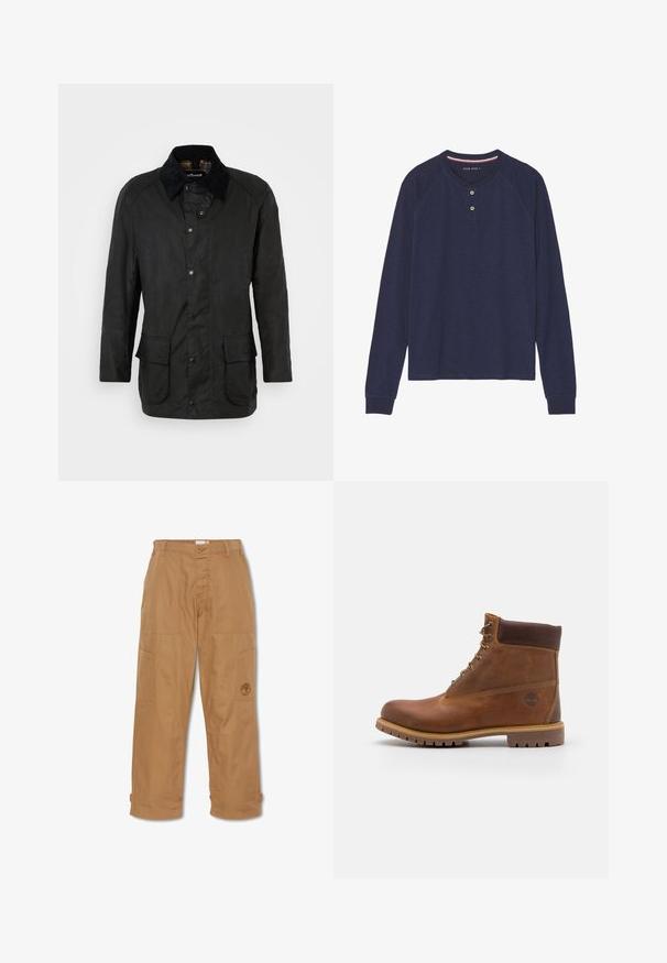 Schwarze gewachste Baumwolljacke mit Cordkragen, Druckknopfverschlüssen und zwei frontalen Taschen. Verfügt über einen klassischen Schnitt und eine strukturierte Oberfläche.; Langärmliges, marineblaues Henley-Shirt mit rundem Ausschnitt, Zwei-Knopf-Leiste und gerippten Bündchen. Weiche Textur, lässiges Design.; Khakifarbene Arbeitshosen aus strapazierfähigem Stoff, mit mehreren Taschen, einem Knopfverschluss und gesticktem Logo auf dem Oberschenkel.; Braune Lederwanderschuhe mit glatter Oberfläche, gepolstertem Knöchel, Metallösen und einer Gummisohle mit robustem Profil.