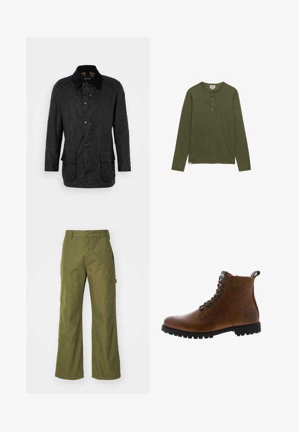 Zwarte gewaxte katoenen jas met een corduroy kraag, drukknoopsluiting en twee voorzakken. Heeft een klassieke snit en textuurfinish.; Olijfgroen henley-shirt met lange mouwen, vier zwarte knopen en een ronde hals, weergegeven op een witte achtergrond.; Olijfgroene wijde broek van duurzaam materiaal, met een knoopsluiting, zijzakken en een rechte zoom.; Bruine leren enkelbotten met een gestructureerde afwerking, metalen oogjes en een zwarte rubberen profielzool. Voorzien van een trekband aan de achterkant voor gemakkelijke instap.