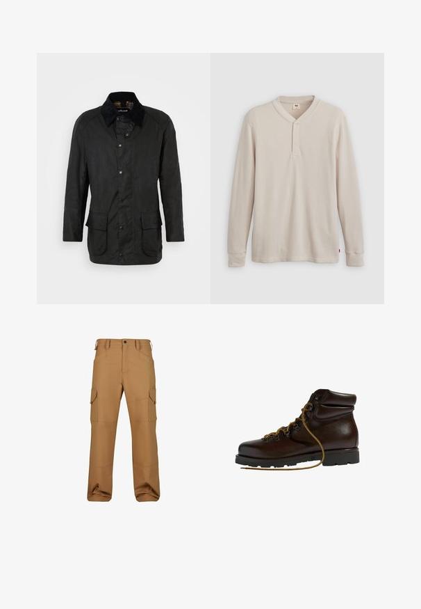 Schwarze gewachste Baumwolljacke mit Cordkragen, Druckknopfverschlüssen und zwei frontalen Taschen. Verfügt über einen klassischen Schnitt und eine strukturierte Oberfläche.; Langärmliges Henley-Shirt aus leicht beigem Rippstoff mit V-Ausschnitt, Knopfleiste mit drei Knöpfen und angeschnittenen Ärmeln. Roter Logo-Tag am Saum.; Braune Cargo-Hosen aus strapazierfähigem Material, mit mehreren Taschen, lockerer Passform und verstärkten Nähdetails.; Brauner Leder-Wanderschuh mit abgerundetem Zeh, strukturierten Oberflächen, gelben Schnürsenkeln und Metallösen. Enthält eine robuste schwarze Gummisohle.