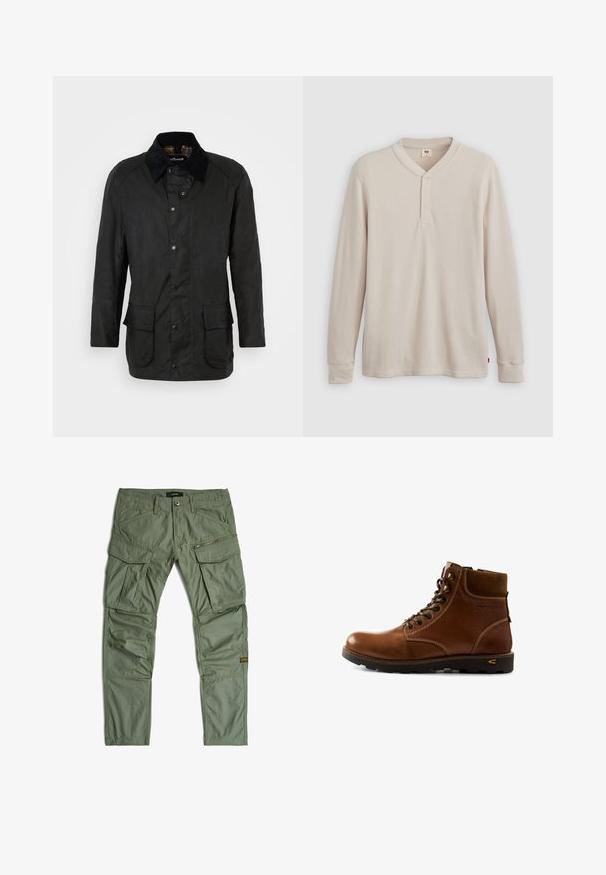 Schwarze gewachste Baumwolljacke mit Cordkragen, Druckknopfverschlüssen und zwei frontalen Taschen. Verfügt über einen klassischen Schnitt und eine strukturierte Oberfläche.; Langärmliges Henley-Shirt aus leicht beigem Rippstoff mit V-Ausschnitt, Knopfleiste mit drei Knöpfen und angeschnittenen Ärmeln. Roter Logo-Tag am Saum.; Grüne Cargohose mit mehreren Taschen, einschließlich Reißverschluss- und Klappentaschen, Gürtelschlaufen und aufgenähten Kniepaneelen, flach auf weißem Hintergrund liegend.; Brauner Leder-Stiefelette mit gepolstertem Kragen, Schnürverschluss und robustem schwarzem Profilsohle, entworfen für Outdoor-Abenteuer.