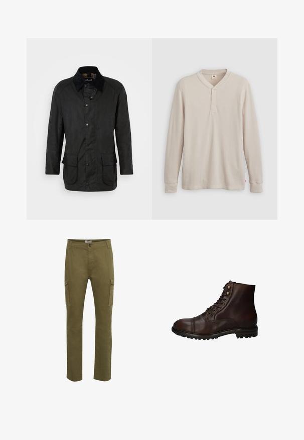 Schwarze gewachste Baumwolljacke mit Cordkragen, Druckknopfverschlüssen und zwei frontalen Taschen. Verfügt über einen klassischen Schnitt und eine strukturierte Oberfläche.; Langärmliges Henley-Shirt aus leicht beigem Rippstoff mit V-Ausschnitt, Knopfleiste mit drei Knöpfen und angeschnittenen Ärmeln. Roter Logo-Tag am Saum.; Grüne Cargo-Hosen mit geradem Schnitt, ausgestattet mit zwei Seitentaschen, einem Knopfverschluss und genähten Details auf der Stoffoberfläche.; Dunkelbraune Leder Schnürstiefelette mit robustem Gummisohlen und Metallösen, von der Außenseite betrachtet.