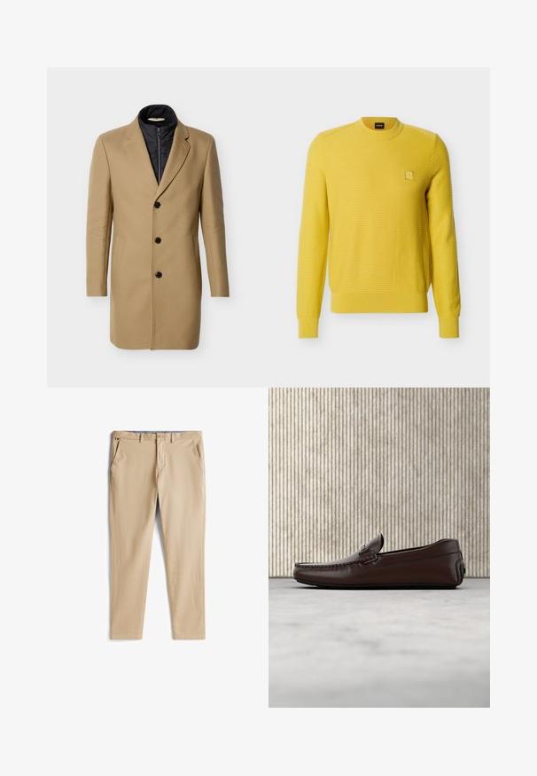 Manteau trois boutons couleur chameau avec doublure intérieure zippée noire, col et poches latérales, présenté sur fond blanc.; Pull jaune à manches longues en maille texturée avec col, poignets et ourlet côtelés, présentant un petit écusson carré avec logo sur la poitrine gauche.; Pantalon beige en tissu doux avec une coupe droite. Il possède deux poches latérales et une fermeture à bouton. L'intérieur est doublé d'un motif.; Mocassins en cuir marron avec une finition lisse, des coutures de style mocassin, un bout rehaussé et une semelle en caoutchouc basse et flexible.
