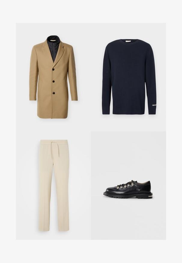 Manteau trois boutons couleur chameau avec doublure intérieure zippée noire, col et poches latérales, présenté sur fond blanc.; Pull en maille bleu marine avec un col rond et des manches longues. Présente un détail discret du logo sur la manche gauche.; Pantalons beiges à taille élastique avec cordon de serrage. Comprend des jambes droites et une texture lisse, adaptés pour un usage décontracté ou pour se détendre.; Chaussure noire en cuir basse avec semelle épaisse, œillets en métal, breloques en argent décoratives sur les lacets et semelle à motif texturé.