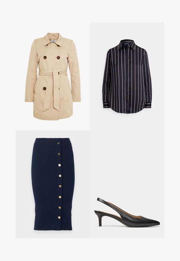 Beige trenchcoat lavet af glat stof med dobbeltradet knaplukning, et bælte i taljen og to sidelommer.; Marineblå bluse med lange ærmer, hvide og røde lodrette striber, knappede manchetter, spids krave og skjulte knapper foran.; Navyblå knælængde blyantskjørt med en lodret række af otte gyldne knapper langs den forreste højre side.; Sort læder slingback sko med spids tå, lav kitten hæl og tynd rem rundt om hælen.