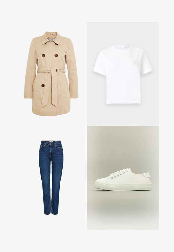 Trench-coat beige en tissu lisse avec fermeture à double boutonnage, une ceinture à la taille et deux poches latérales.; T-shirt blanc uni en coton à manches courtes, col rond et ourlet droit, présenté sur fond blanc.; Jean en denim bleu foncé avec une coupe droite, taille haute, cinq poches, coutures claires et une finition texturée subtile.; Baskets basses blanches avec lacets blancs et semelle en caoutchouc, vues de côté sur un fond neutre.