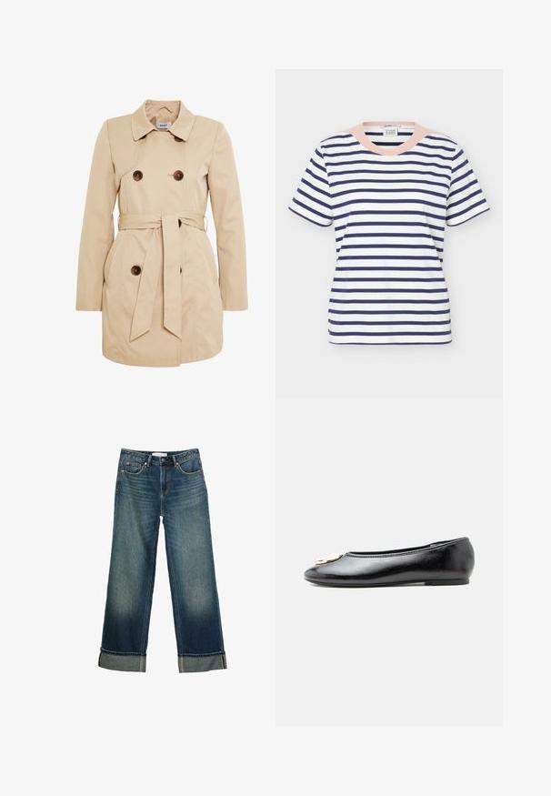 Beige trenchcoat lavet af glat stof med dobbeltradet knaplukning, et bælte i taljen og to sidelommer.; Kortærmet bomulds-T-shirt med marineblå horisontale striber og en lyserød rund halsudskæring, set forfra på en ensfarvet baggrund.; Blå falmede viddejeans med opbukket kant, frontknap og lynlåslukning samt fem-lomme-design.; Sort flad sko i laklæder med en rund guldbeklædt spænde på tåen, set fra siden mod en ens hvid baggrund.