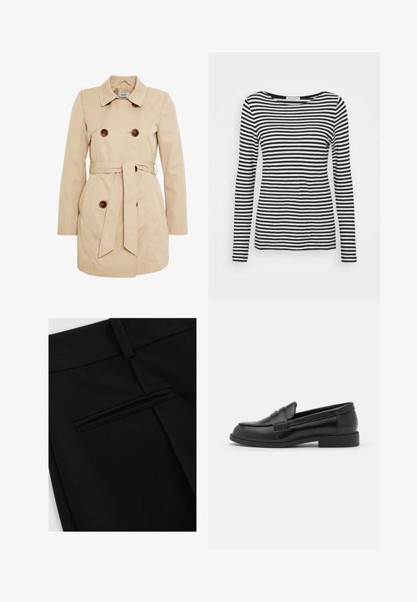 Beige trenchcoat lavet af glat stof med dobbeltradet knaplukning, et bælte i taljen og to sidelommer.; Langærmet T-shirt med rund hals, prydet med et sort-hvidt stribet mønster. Fremstillet af blødt stof med regular fit. Renset, minimalistisk design.; Sorte bukser lavet af glat stof, med et fladt design foran og en enkelt baglomme med en slidsåbning.; Sorte læder loafers med en glat overflade, rund tå, syet detalje på overdelen og en lav, flad gummisål.