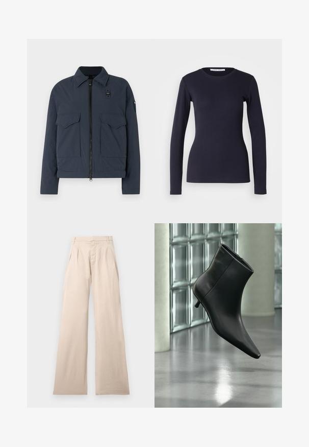 Chaqueta azul marino hecha de tela texturizada, con cierre de cremallera, dos bolsillos frontales y un cuello alzado con un acento de logo.; Camiseta de manga larga de color navy, confeccionada en algodón suave. Presenta un cuello redondo, forma ajustada y textura acanalada. Diseño simple y de color sólido.; Pantalones de pierna ancha beige hechos de algodón, con plisados en la parte frontal y una textura suave. El diseño incluye una cinturilla estándar y sin patrón visible.; Botín negro de cuero con punta puntiaguda y tacón bajo estilo kitten, mostrado en ángulo sobre un suelo pulido y con una pared de bloques de vidrio de fondo.