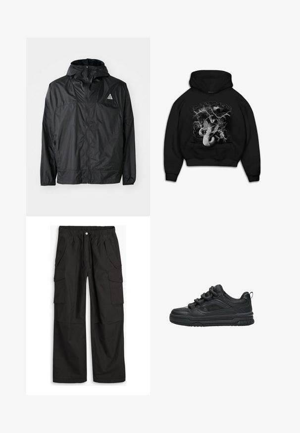 Zwarte lichtgewicht jas van nylon. Beschikt over een capuchon, volle rits, elastische manchetten en een driehoekig logo op de bovenborst.; Zwarte hoodie met een grafisch ontwerp van een slang met bliksemaccenten. Bovenaan staat de tekst "MJ GONZALES". Het materiaal lijkt zacht en heeft een relaxte pasvorm.; Zwarte cargo broek met elastische tailleband, knoop- en ritsluiting, en meerdere klepzakken met knopen op de voorkant en zijkanten.; Zwarte lage sneaker met dikke zool, gevoerde kraag, meshpanelen en dikke veters, afgebeeld tegen een witte achtergrond.