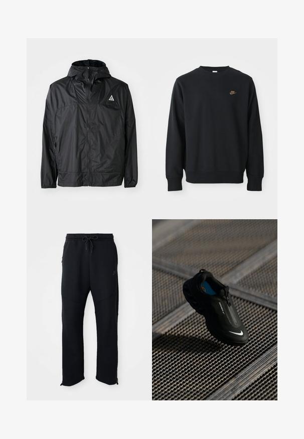 Schwarze, leichte Jacke aus Nylon. Mit Kapuze, durchgehendem Reißverschluss, elastischen Bündchen und einem dreieckigen Logo auf der oberen Brust.; Schwarzer Pullover aus weichem Stoff, mit rundem Ausschnitt, langen Ärmeln und einem kleinen goldenen Nike-Logo auf der Brust.; Schwarze Sporthose mit elastischem Bund und Kordelzug, seitlichen Taschen, schmal zulaufenden Beinen und Reißverschlüssen an den Knöcheln. Glatte Textur.; Schwarzer Nike Air Max Schuh mit einem eleganten Design, Reißverschluss, strukturiertem Obermaterial und auffälligem weißem Logo an der Seite, vor einem Gitterhintergrund.