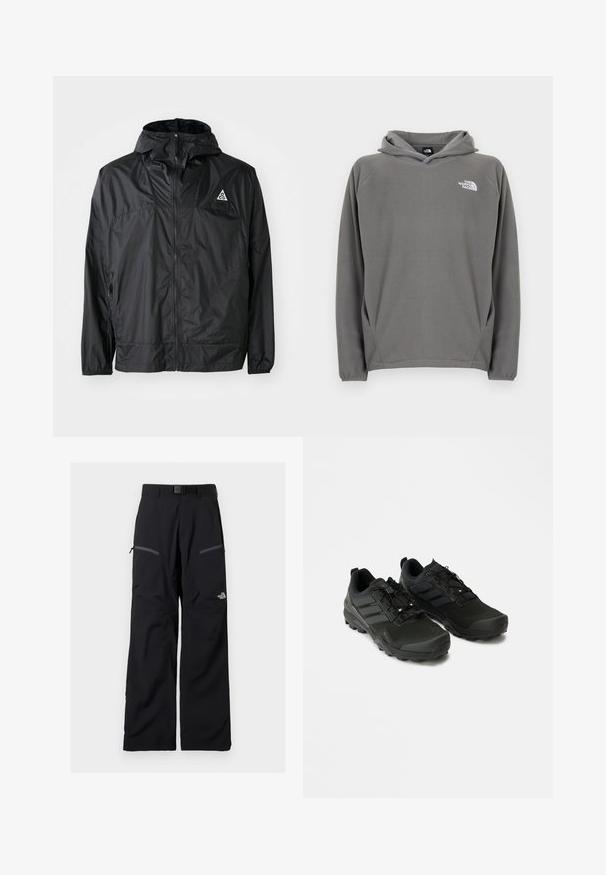 Schwarze, leichte Jacke aus Nylon. Mit Kapuze, durchgehendem Reißverschluss, elastischen Bündchen und einem dreieckigen Logo auf der oberen Brust.; Grauer Fleece-Kapuzenpullover mit Fronttasche, verstellbarem Kordelzug an der Kapuze und kleinem weißem Logo auf der linken Brustseite.; Schwarze Outdoor-Hose mit verstellbarem Gürtel, zwei Reißverschlusstaschen an den Oberschenkeln und The North Face-Logo am rechten Bein.; Schwarze Sportschuhe mit strukturiertem Obermaterial, strapazierfähiger Gummisohle und dezenten reflektierenden Akzenten; verfügen über ein Schnürsystem für einen sicheren Halt.