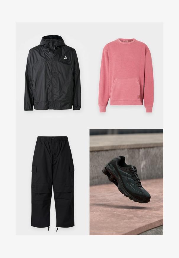 Sort letvægtsjakke lavet af nylon. Har en hætte, fuld lynlås, elastiske manchetter og et trekantet logo på den øverste brystdel.; Lyserød sweatshirt med rund halsudskæring, lange ærmer, frontlomme og ribstrikkede manchetter og kant. Har et lille logo-patch.; Sorte cargobukser med elastisk talje, flere lommer og lynlåse ved anklerne, med et afslappet, løstsiddende design.; Sort atletisk sneaker med synligt luftdæmpende mellemsål, der svæver over en pink stenoverflade med en grå stenvæg i baggrunden.