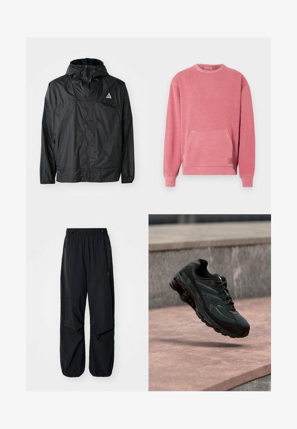 Schwarze, leichte Jacke aus Nylon. Mit Kapuze, durchgehendem Reißverschluss, elastischen Bündchen und einem dreieckigen Logo auf der oberen Brust.; Rosa Sweatshirt mit Rundhalsausschnitt, langen Ärmeln, Fronttasche und gerippten Bündchen und Saum. Mit einem kleinen Logopatch versehen.; Schwarze leichte Cargo-Hosen mit elastischem Bund, seitlichen Reißverschlüssen und geräumigen Taschen. Bietet eine lockere Passform und tapered Bündchen.; Schwarzer athletischer Sneaker mit sichtbarer Air-Cushioning-Zwischensohle, der über einer rosa Steinoberfläche mit grauer Steinmauer im Hintergrund schwebt.