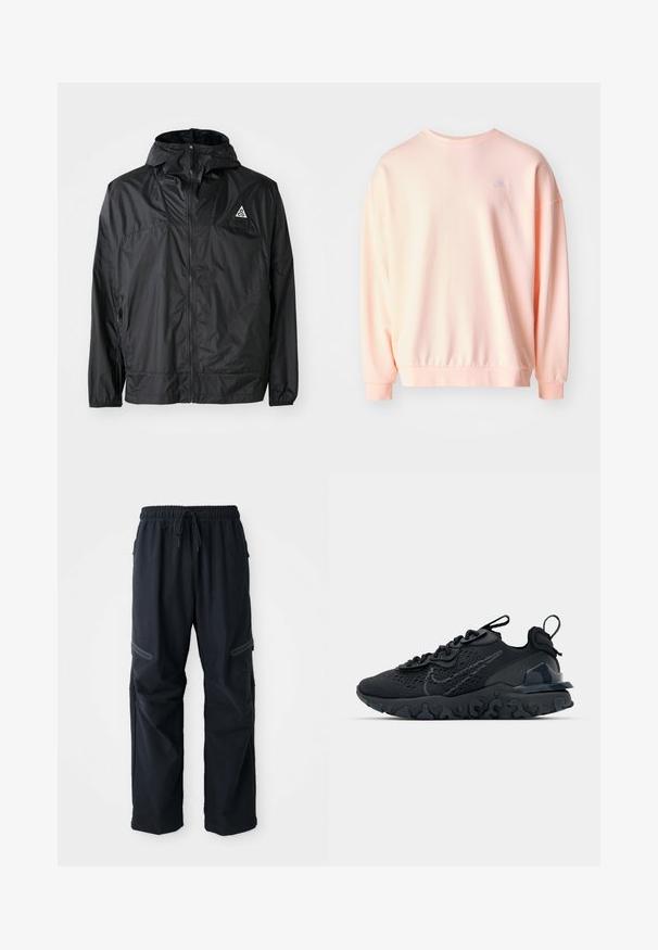 Sort letvægtsjakke lavet af nylon. Har en hætte, fuld lynlås, elastiske manchetter og et trekantet logo på den øverste brystdel.; Lyserød sweatshirt med rund halsudskæring, løst fit og ribbede manchetter. Har et lille broderet logo på den øverste ryg. Blød tekstur.; Sorte, afslappede bukser med elastisk talje, snor og lynlåslommer på en hvid baggrund.; Sort atletisk sko med en åndbar mesh-overdel, teksturerede detaljer og en bølget gummisål. Har reflekterende logo og snørresystem.